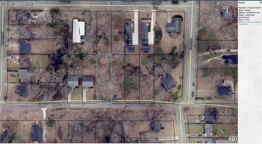 Aerial Map. Displaying a parcel of land highlighted within a residential area, with accompanying property information in the sidebar