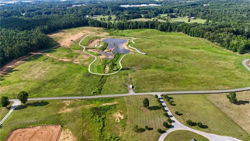 Expansive undeveloped land featuring a central pond, winding white path, mature tree lines, and paved road frontage with multiple access points