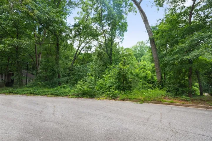Wooded lot featuring mature trees, dense foliage, and a paved street frontage