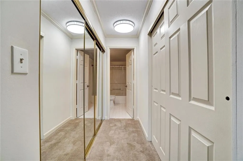 Hall featuring ornamental molding and carpet floors
