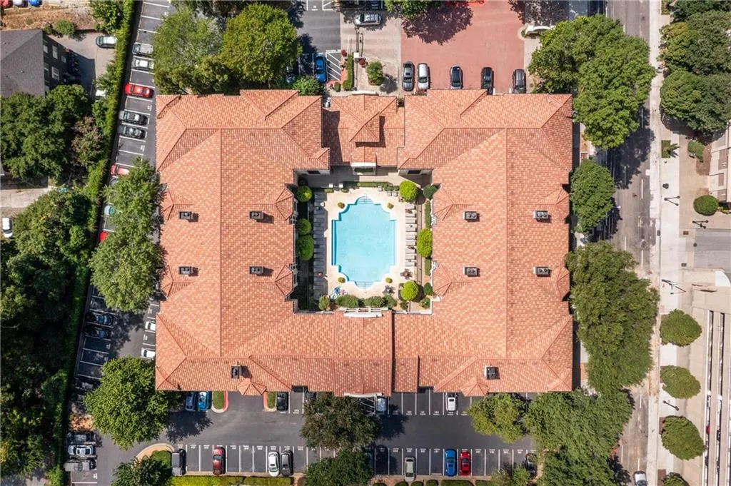 Drone / aerial view of a pool area