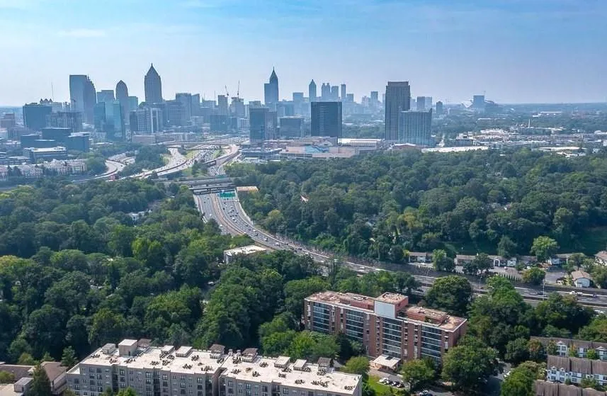 Aerial view of Brookwood Park and Atlanta Skyline