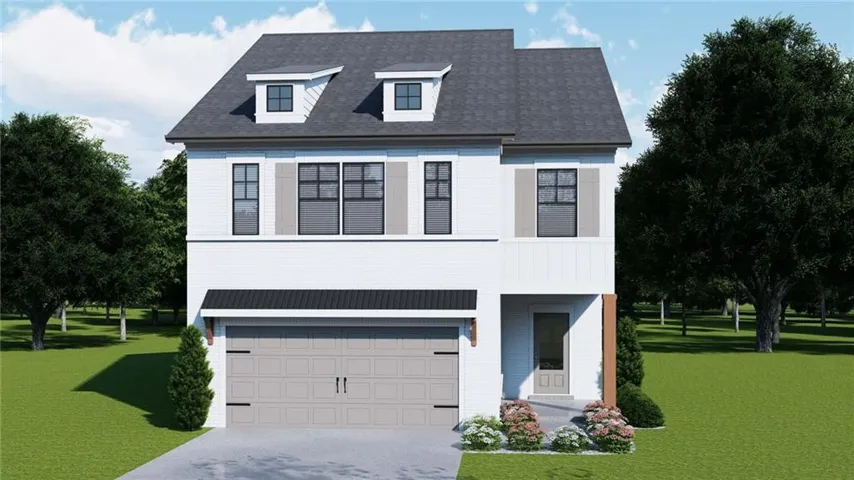 White exterior with dark gray shingle roof and dormer windows