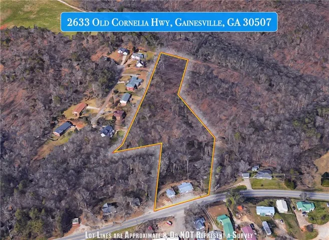 Aerial Property View. Illustrating the boundaries of the property at 2633 Old Cornelia Hwy, Gainesville, GA 30507, with a disclaimer regarding line accuracy