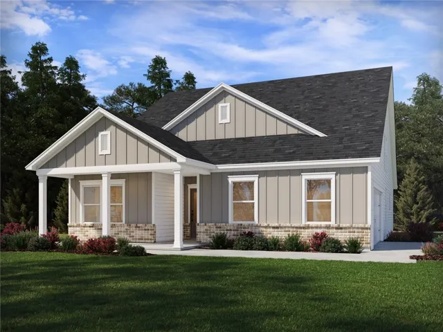 Ranch-style residence featuring a covered front porch, a dark shingle roof, and light-colored siding