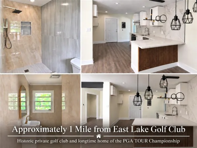 Promotional Image. Displaying interior spaces, including a bathroom and kitchen, with text indicating proximity to a specific golf club
