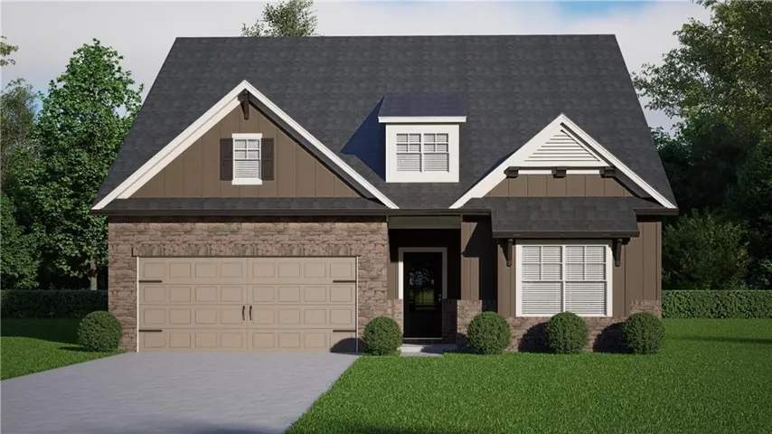 Gabled roofline with dormer windows, stone facade, covered front entry, and attached garage