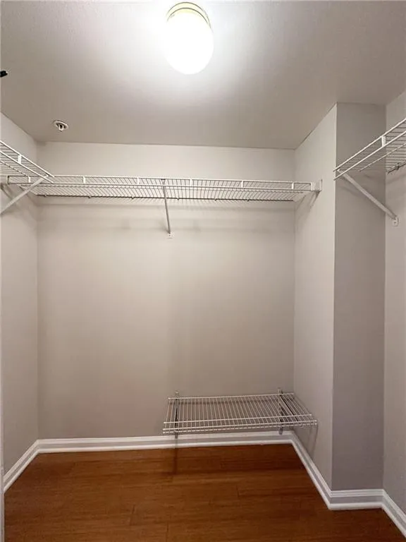 Walk in closet featuring dark wood finished floors