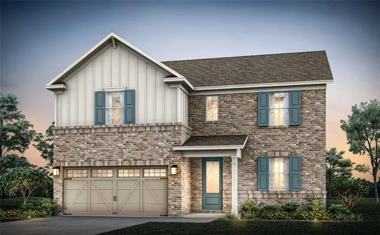 Exterior featuring a stone facade, board and batten siding, blue window shutters, an attached garage, and a covered entry