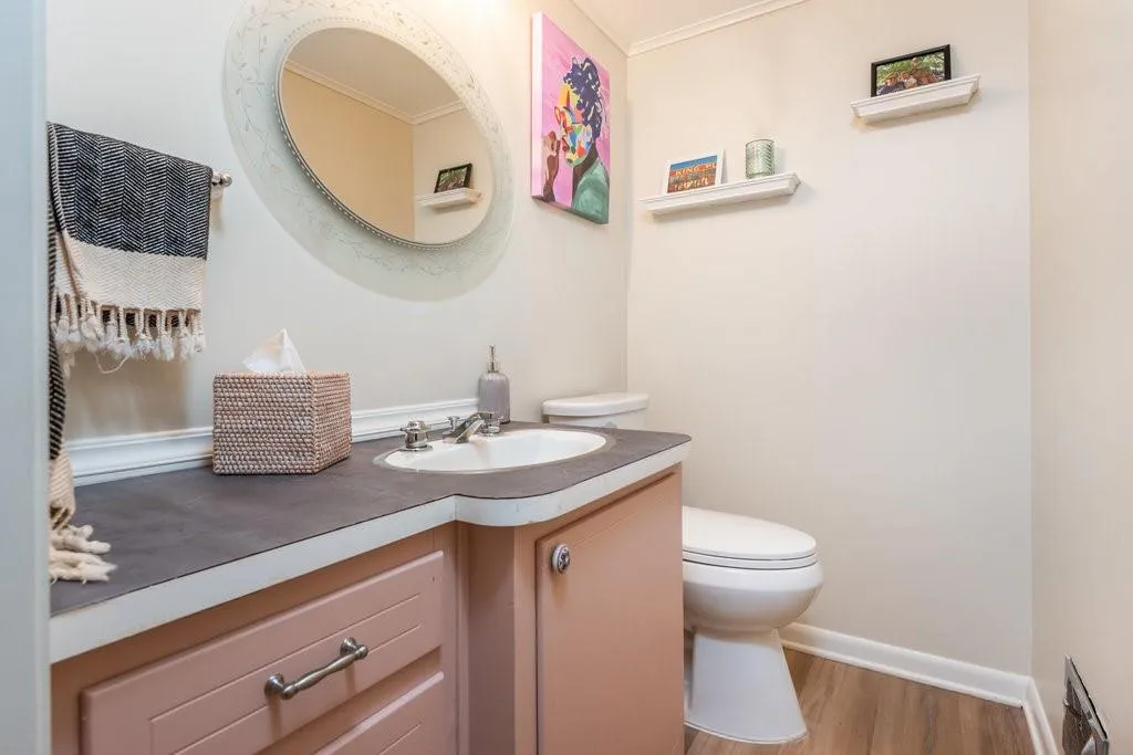 Bathroom featuring toilet, hardwood / wood-style flooring, ornamental molding, and vanity