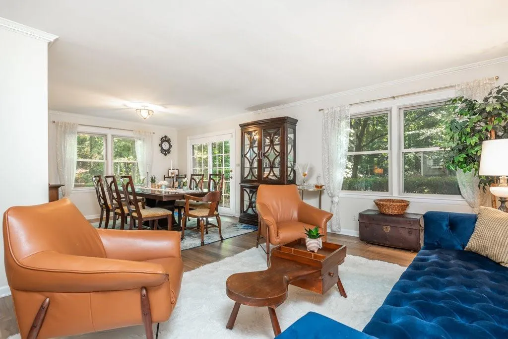 Living room featuring crown molding and wood-type flooring
