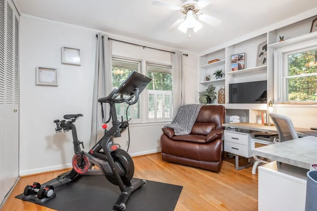 Workout room with light wood-type flooring, crown molding, a healthy amount of sunlight, and ceiling fan