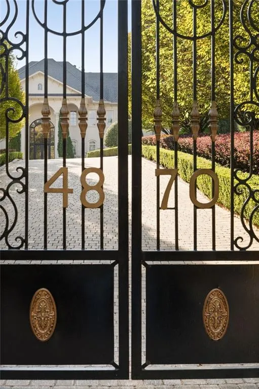 Wrought iron entry gate with decorative accents