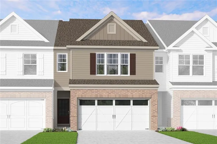 Townhome exterior featuring brick and siding facade, a prominent gable, double-pane windows with decorative shutters, and an attached garage with a carriage-style door