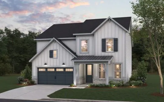 Modern farmhouse exterior with vertical and horizontal siding, dark shutters, and a covered entry