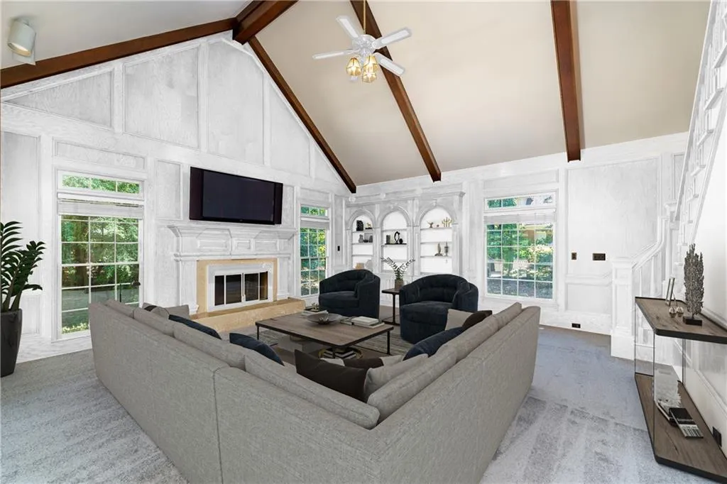 Great room offers dramatic vaulted, beamed ceiling and fireplace. All the flat screen TVs stay! (virtually staged) Great room offers dramatic vaulted, beamed ceiling and fireplace. All the flat screen TVs stay! (virtually staged)