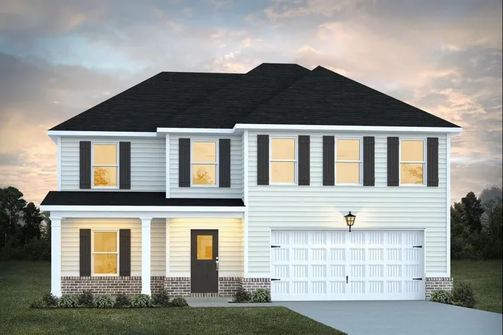 Two-story residence featuring light-toned siding, a dark asphalt shingle roof, and a covered entry porch
