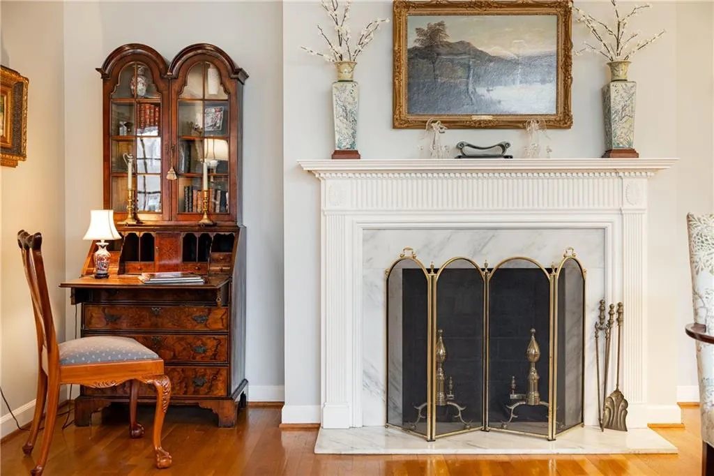 Detailed view of wood finished floors and baseboards