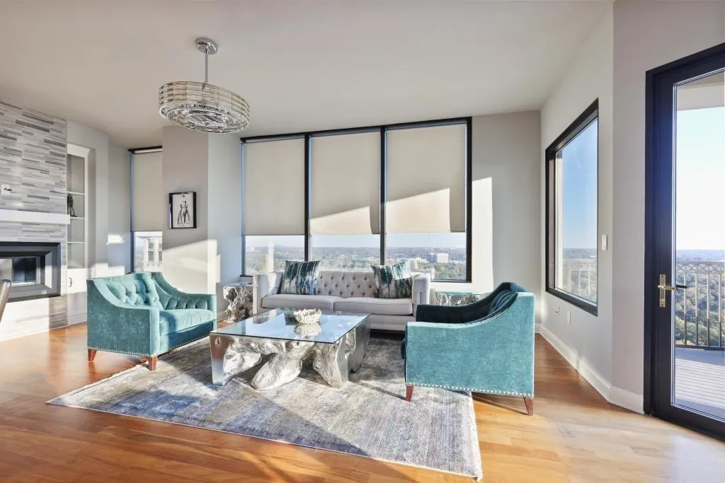 Living room with light wood-type flooring, plenty