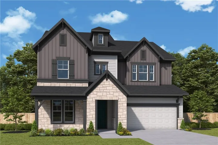 Contemporary two-story residence featuring a stone and siding facade, a two-car garage, dormer windows, and a covered entry