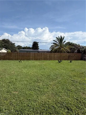 Expansive lawn area featuring a wooden privacy fence, mature palm tree, and clear sky overhead
