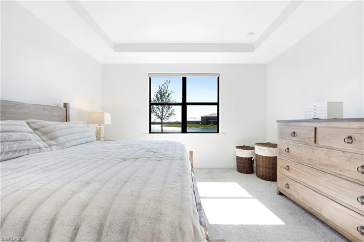 Bedroom with light carpet and a raised ceiling