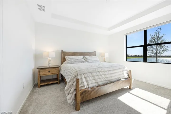 Bedroom with a raised ceiling, light colored carpet, and a water view