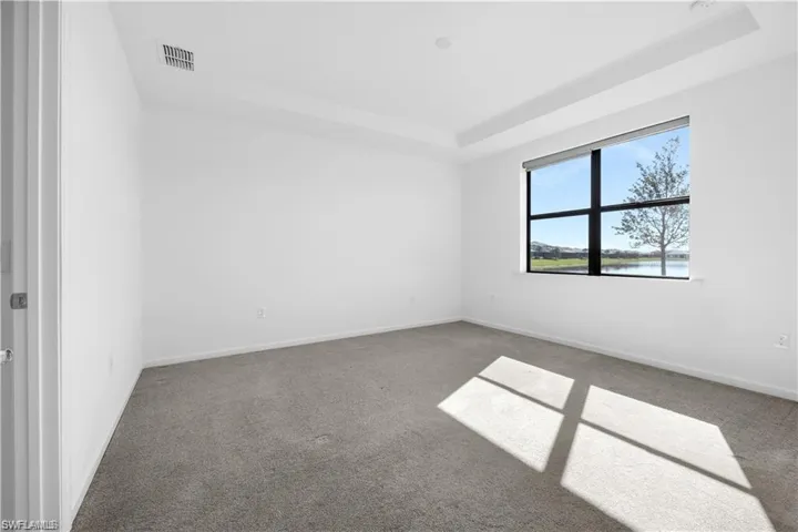 Carpeted empty room featuring a tray ceiling and baseboards