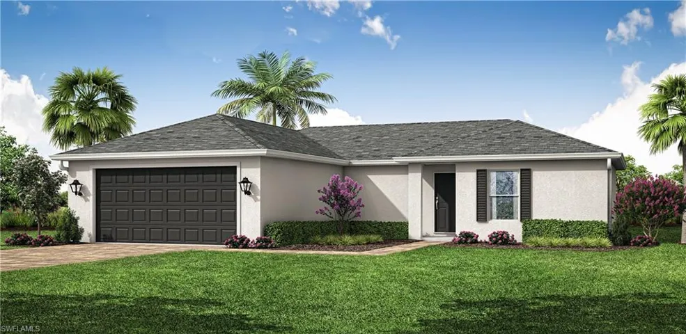 Single story home featuring a garage and a front lawn