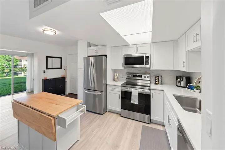 Kitchen featuring stainless steel appliances, light wood finished floors, backsplash, white cabinets, and wood counters