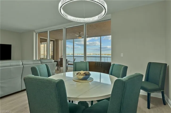 Dining room featuring light hardwood / wood-style flooring, a water view, an inviting chandelier, and a wall of windows