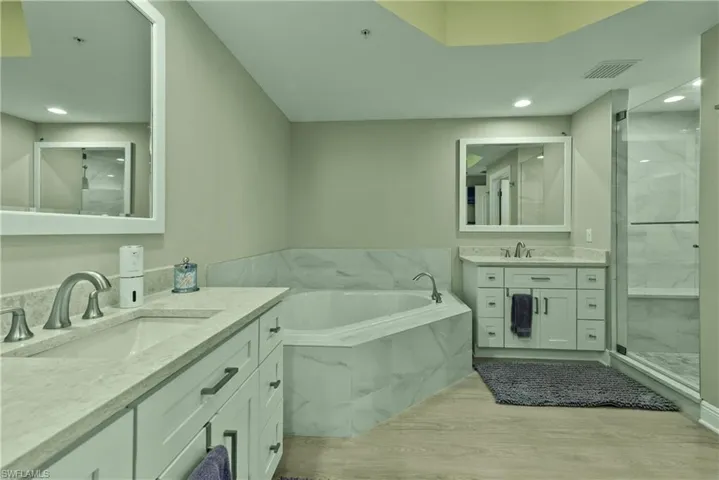 Bathroom with plus walk in shower, vanity, and hardwood / wood-style flooring
