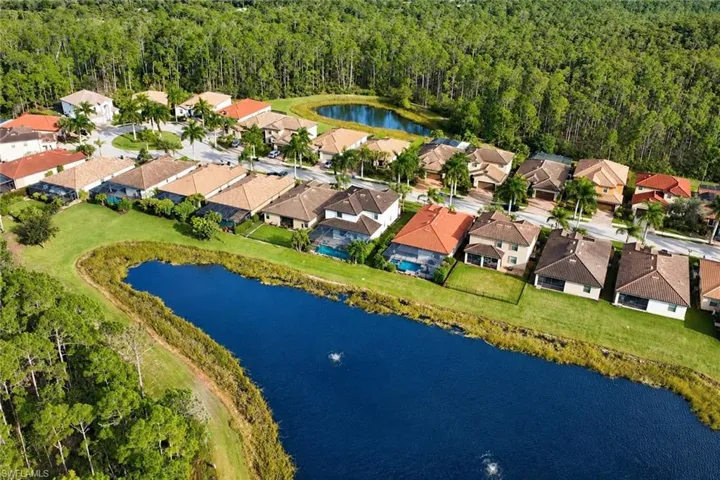 Aerial perspective featuring waterfront lots, residential streetscapes, paved driveways, concrete tile roofing, and dense wooded borders