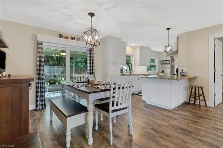 Dining space featuring a wealth of natural light, hardwood / wood-style floors, and a chandelier