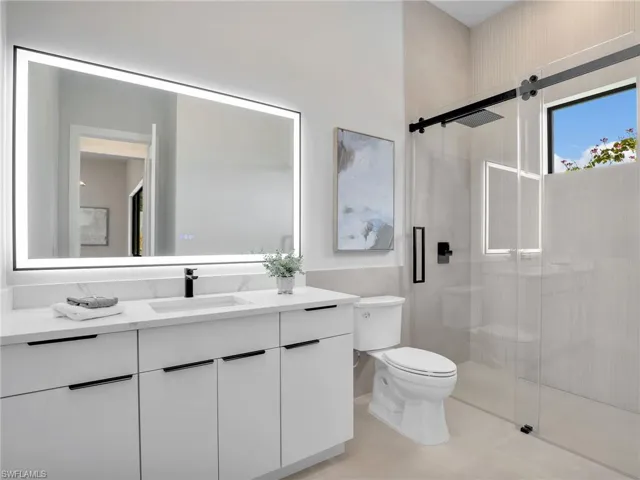 Bathroom with toilet, a shower stall, and vanity