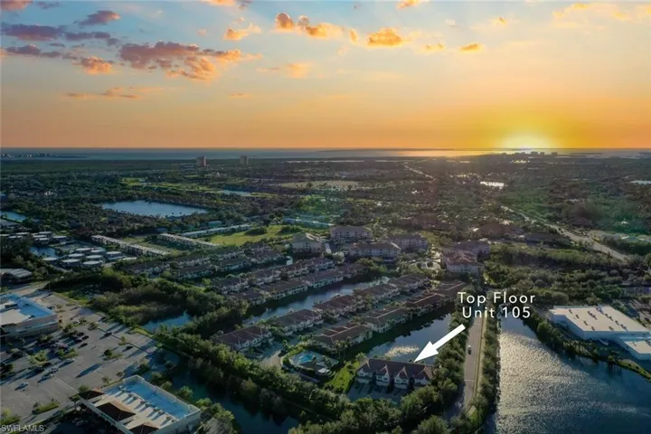 Aerial view at dusk with a water view