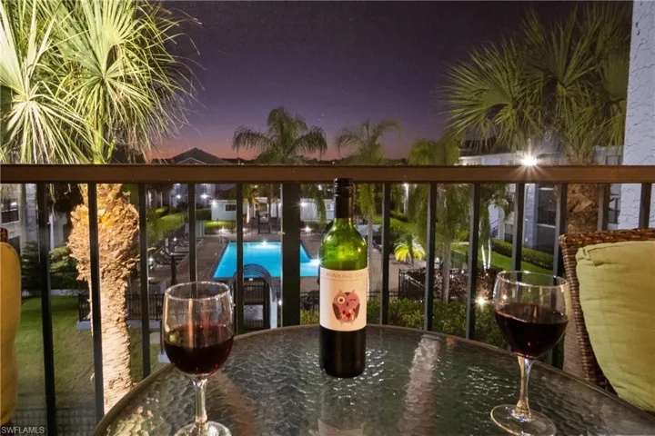 View of the saltwater pool from the screened patio