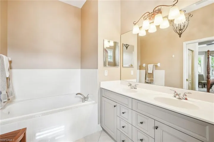 Primary Bathroom with walk in shower, separate tub and dual sinks