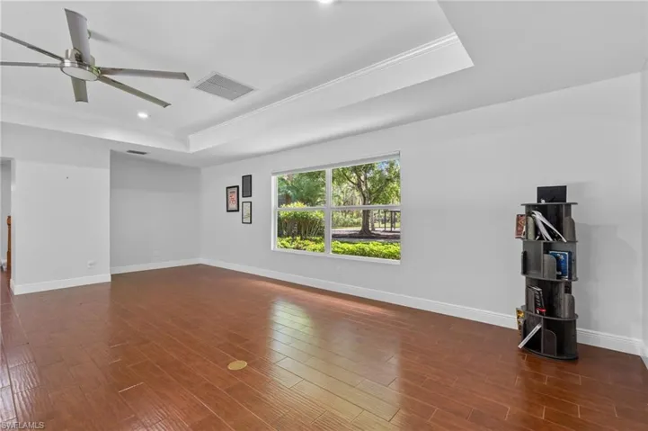 Large living room with tray ceiling