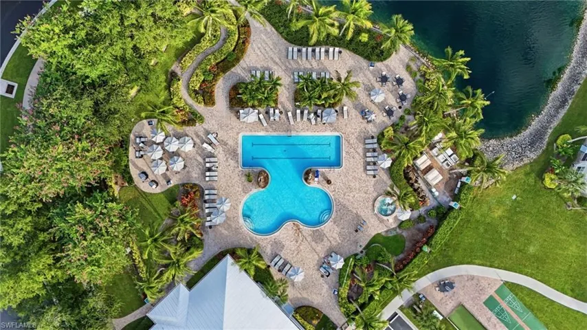 Aerial view of property's location featuring a pool area