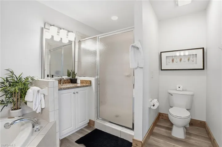 Bathroom featuring vanity, a bath, a stall shower, and light wood-style floors