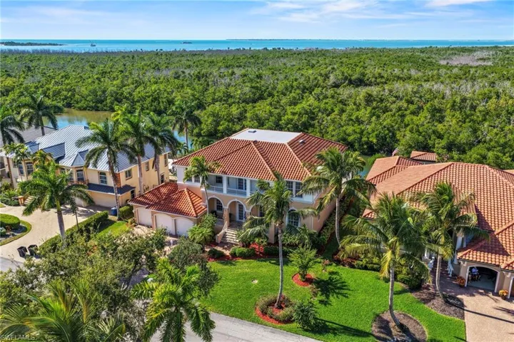 View from above of property with a large body of water and a forest