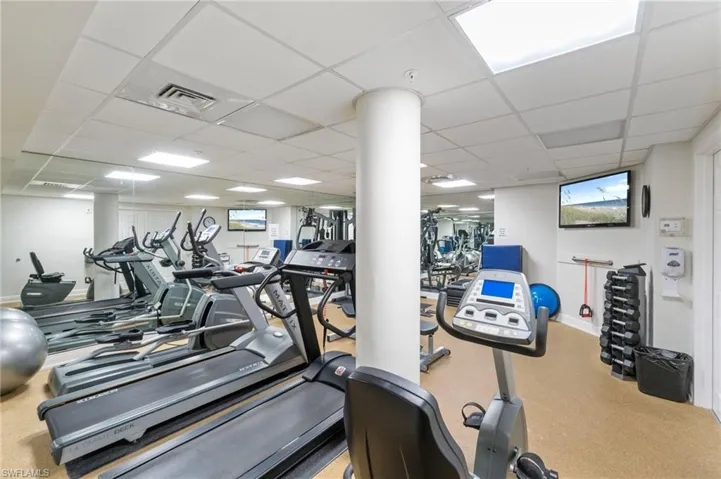 The community Gym features both cardio and weight activities for residents.