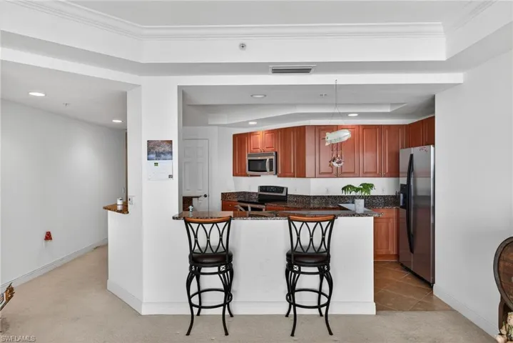 Kitchen featuring dark stone countertops, stainless steel appliances, wood finish cabinetry, a kitchen breakfast bar, and a raised ceiling