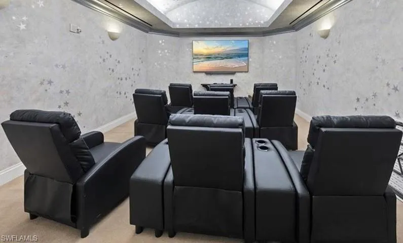 Home theater with a raised ceiling