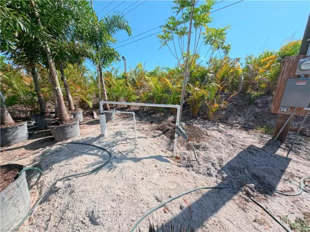 Utility pole with electrical box and meter, alongside an irrigation system with PVC piping and a hose, amidst a landscape of potted palm trees and natural vegetation