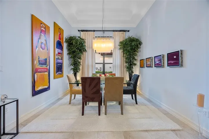 Dining area with a tray ceiling