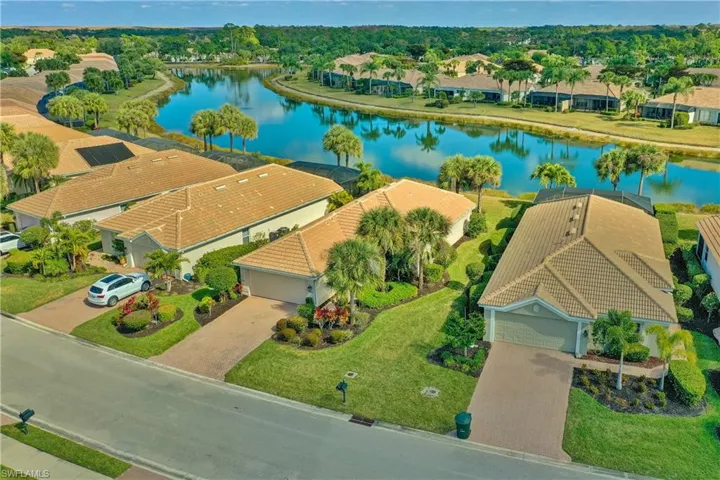 Aerial perspective of suburban area featuring a nearby body of water