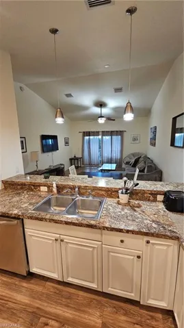 Kitchen island with a double basin stainless steel sink, light-toned cabinetry, and a patterned countertop