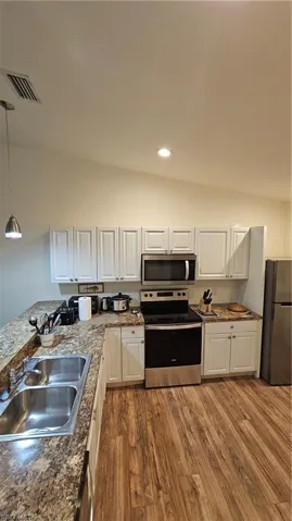 Kitchen featuring wood-finish flooring, white cabinetry, a double basin stainless steel sink, and stainless steel appliances